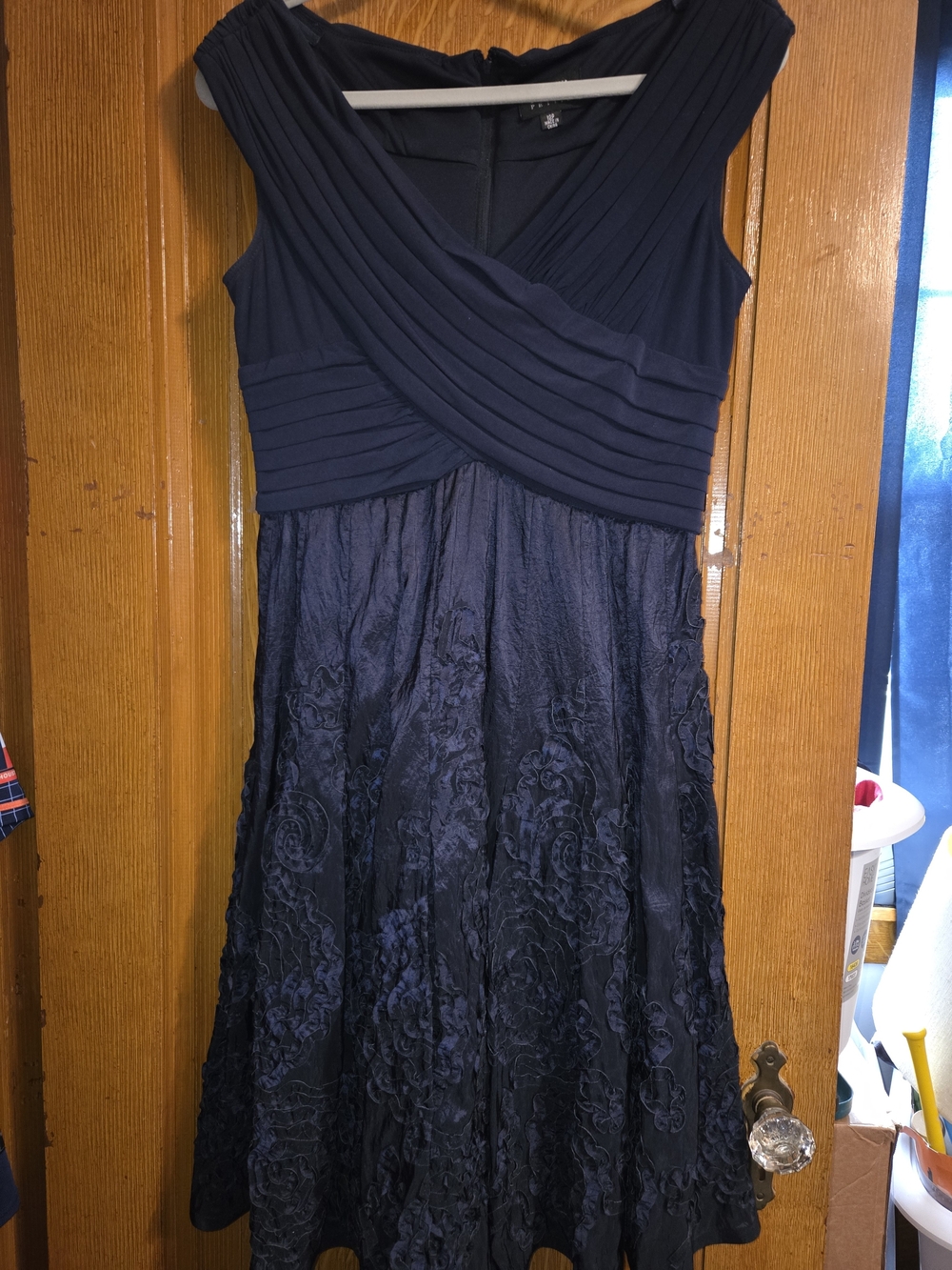 Adrianna Papell Navy Blue Pleated Bodice Floral Embroidered A-Line Dress